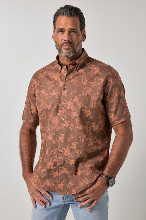 Overhemd, korte mouwen, linnenmix, buttondown kraag, modern fit, tot 8XL