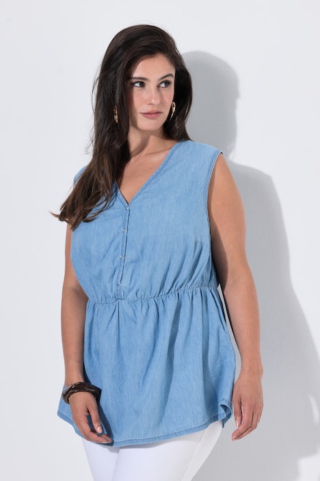 Denim blouse, A-lijn, V-hals, mouwloos