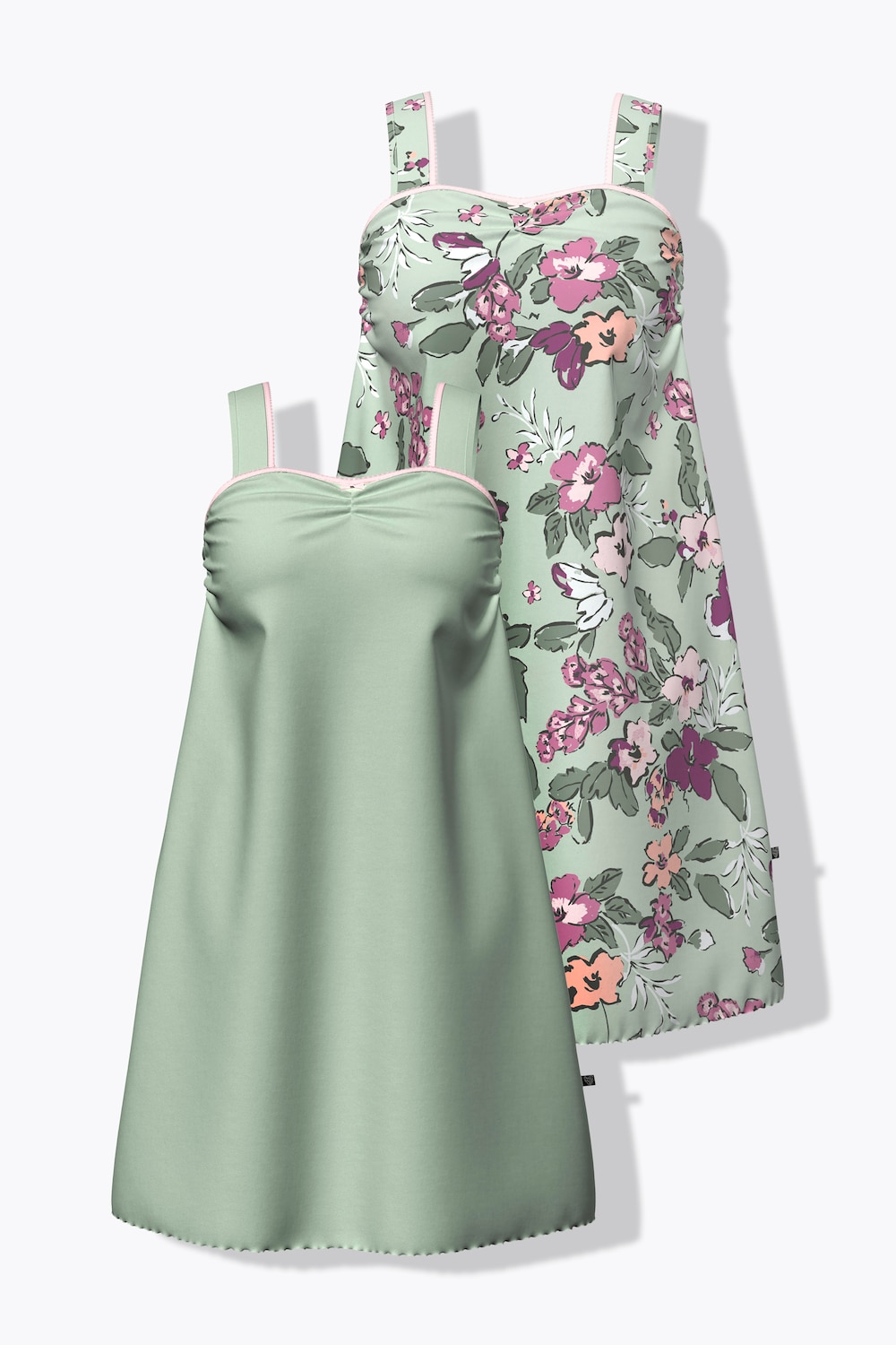 Bigshirts, set van 2, bloemen/effen, geplooide halslijn