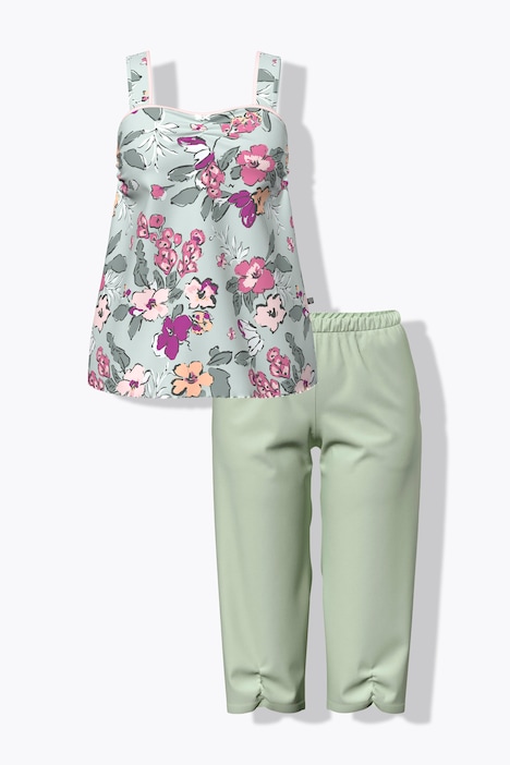 Pyjama, Blüten, geraffter Ausschnitt, ärmellos, 3/4-Hose