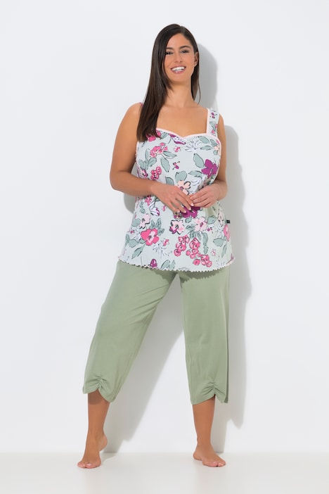 Pyjama, Blüten, geraffter Ausschnitt, ärmellos, 3/4-Hose
