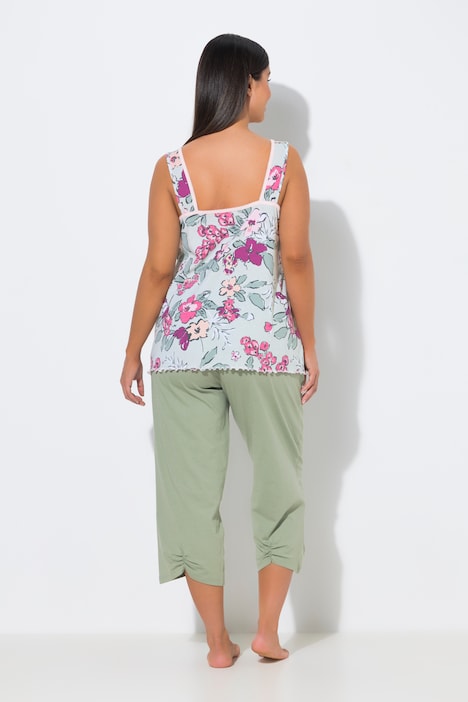 Pyjama, Blüten, geraffter Ausschnitt, ärmellos, 3/4-Hose