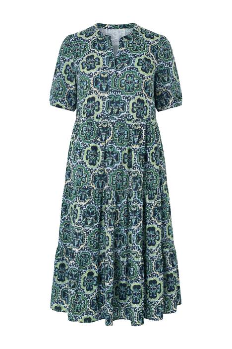 Maxi šaty, áčkový střih, dlaždicový potisk, volánky, polo rukávy