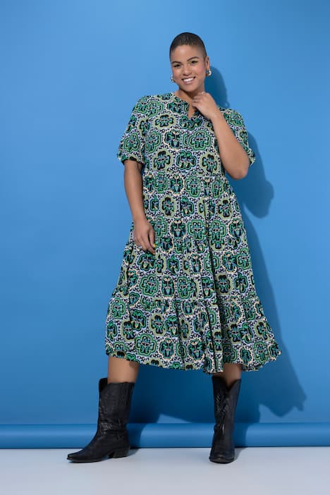 Maksimekko, A-linjainen, kaakelipainatus, röyhelöt, lyhyet hihat