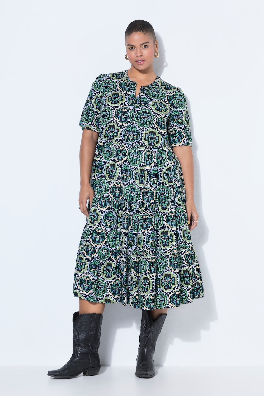 Maxikleid, A-Linie, Kachel-Print, Volants, Halbarm