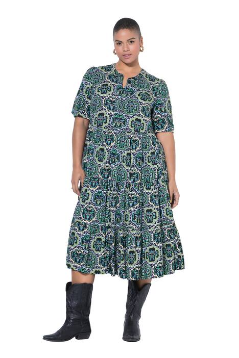 Maxi šaty, áčkový střih, dlaždicový potisk, volánky, polo rukávy