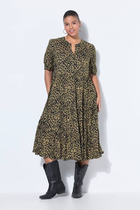 Midi-Kleid, A-Linie, Color-Leo, Volants, Halbarm