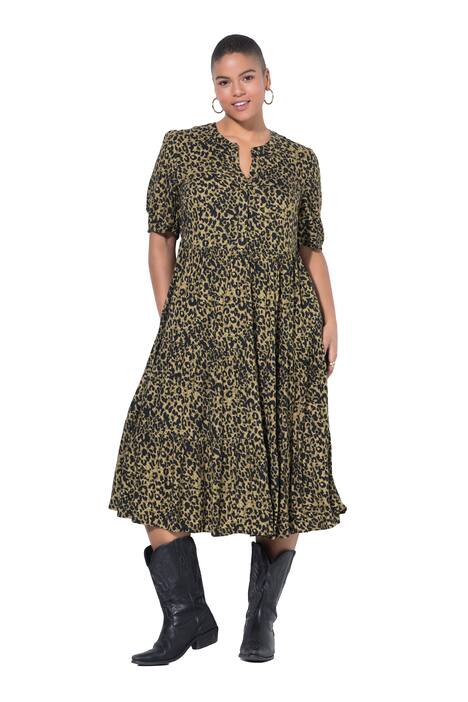 Midi šaty, áčkový střih, leopardí potisk, volánky, polo rukávy
