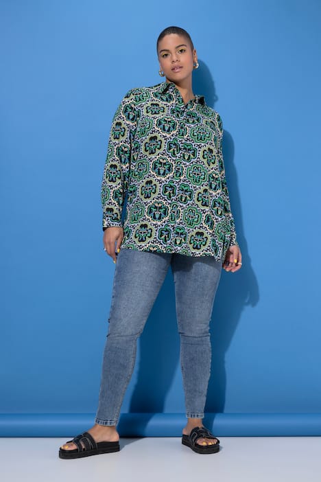 Hemdbluse, Straight Shape, Kachel-Print, Langarm