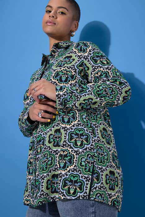 Hemdbluse, Straight Shape, Kachel-Print, Langarm