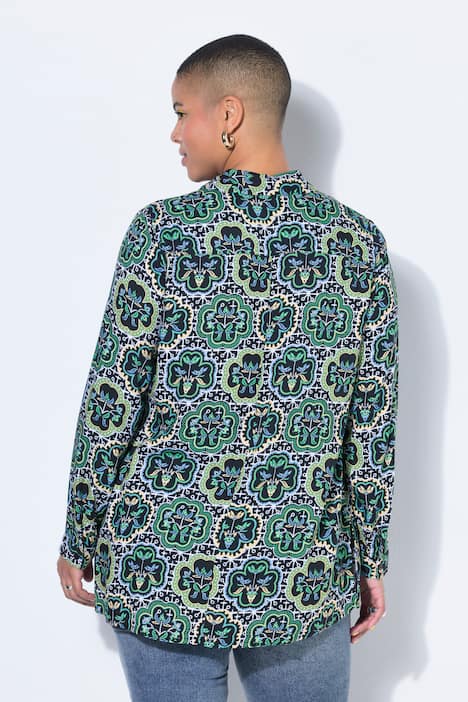 Hemdbluse, Straight Shape, Kachel-Print, Langarm