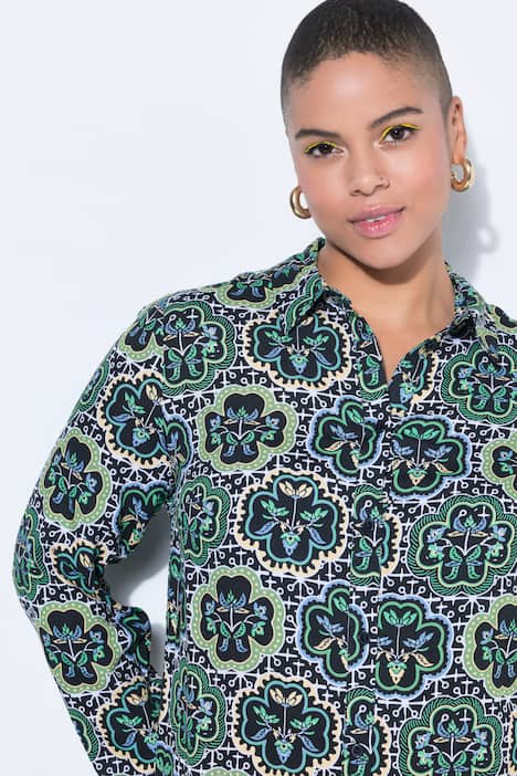 Hemdbluse, Straight Shape, Kachel-Print, Langarm