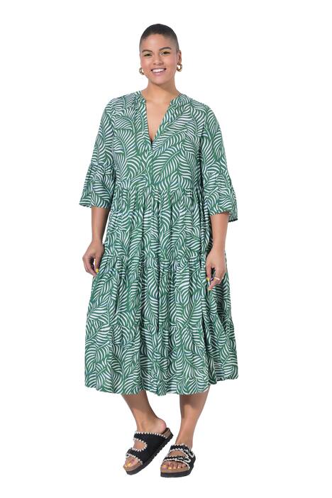 Maxi šaty, potisk s listy, V výstřih, volány