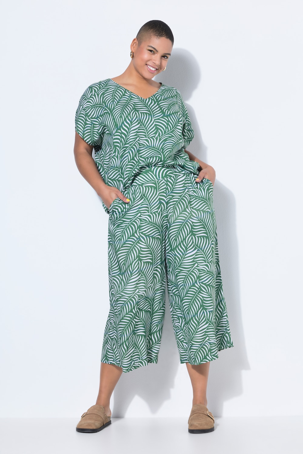 Culotte, Wide Legs, Leafs-Print, Elastikbund