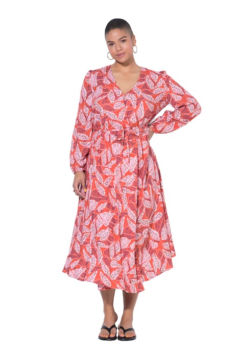 Midi zavinovací šaty, áčkový střih, potisk s listy, dlouhé rukávy