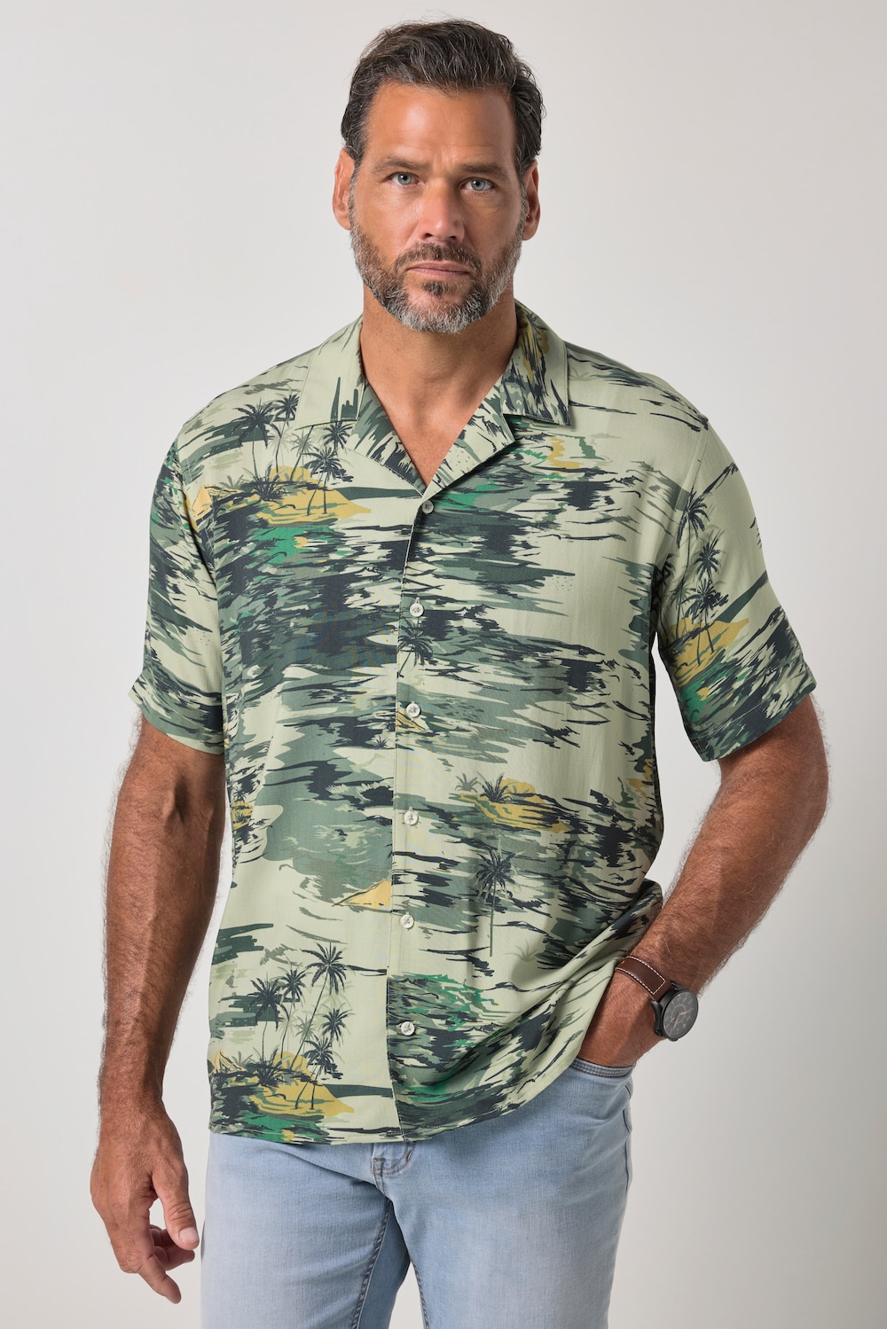 Hemd, Halbarm, Alloverdruck, Cuba-Kragen, Cuba Fit, bis 8 XL