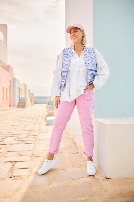 Bluzka, haft, trapezowy krój, falbankowy kołnierzyk, długi rękaw