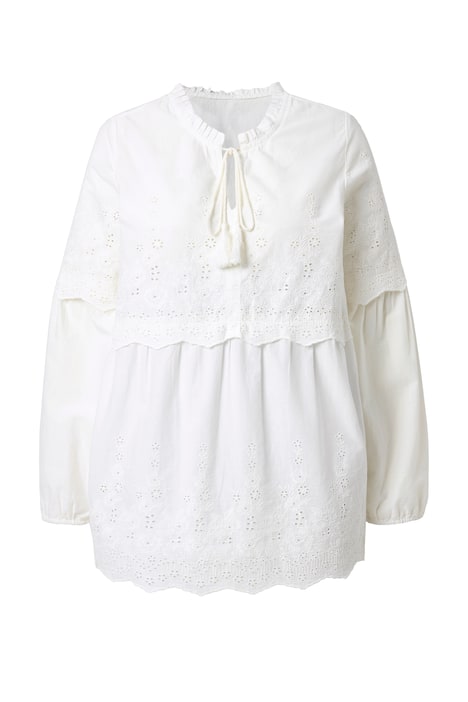 Halenka, výšivky, áčkový střih, volánový límec, dlouhé rukávy