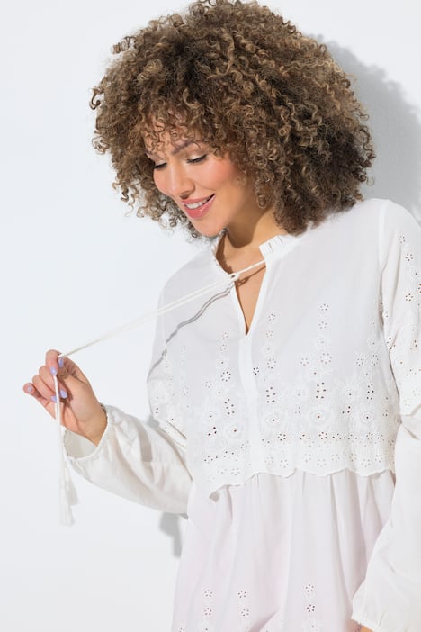 Bluzka, haft, trapezowy krój, falbankowy kołnierzyk, długi rękaw