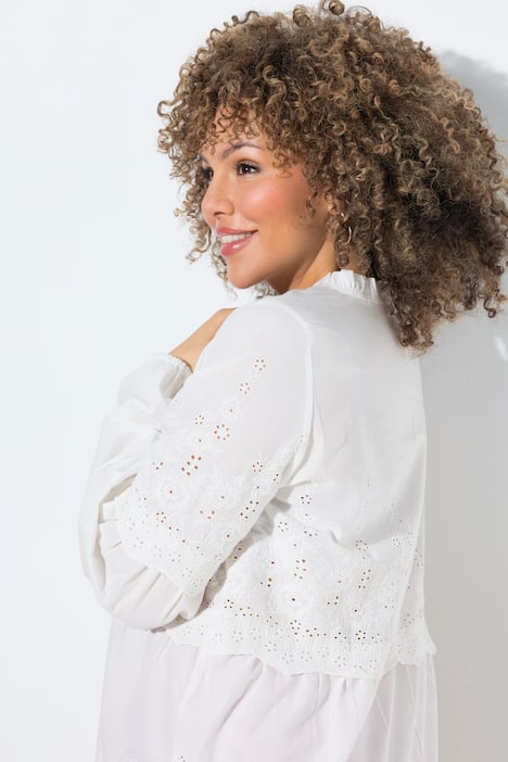 Bluzka, haft, trapezowy krój, falbankowy kołnierzyk, długi rękaw