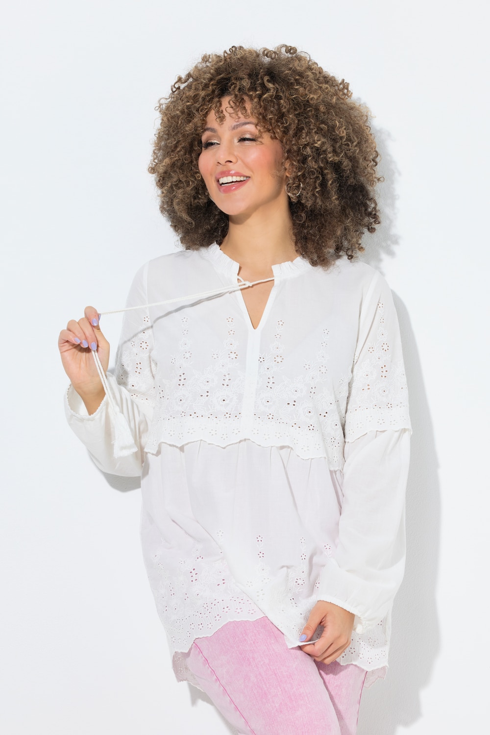 Bluse, Stickerei, A-Linie, Rüschenkragen, Langarm