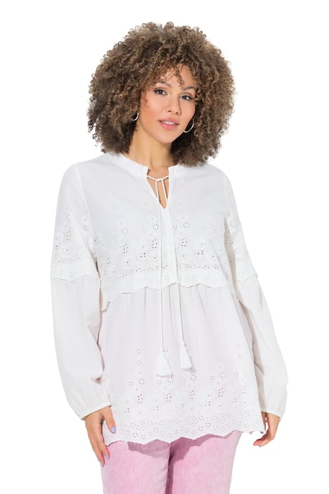 Halenka, výšivky, áčkový střih, volánový límec, dlouhé rukávy