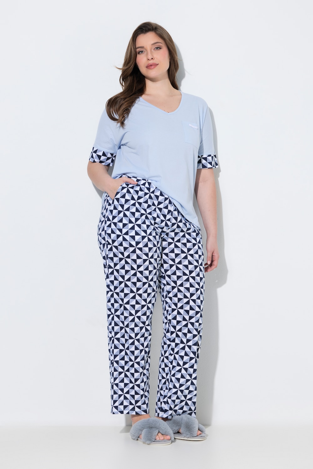 Pyjama, Karo, V-Ausschnitt, Halbarm