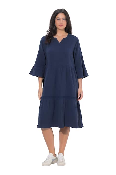 Mušelínové midi šaty, střih áčkový střih, tunikový výstřih, 3/4 rukáv