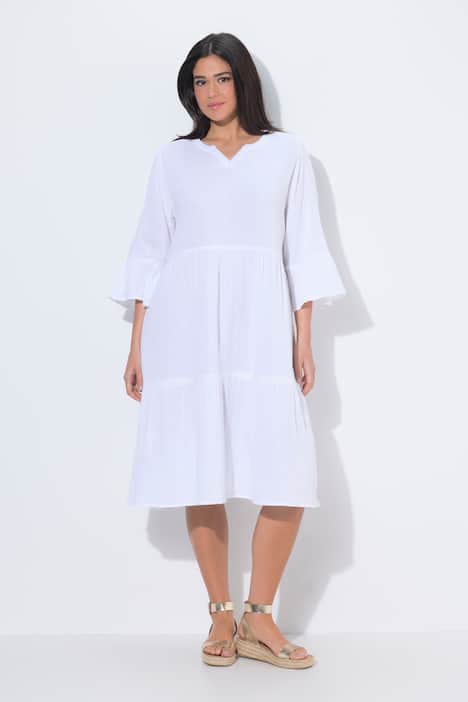 Musselin-Midikleid, A-Linie, Tunika-Ausschnitt, 3/4-Arm