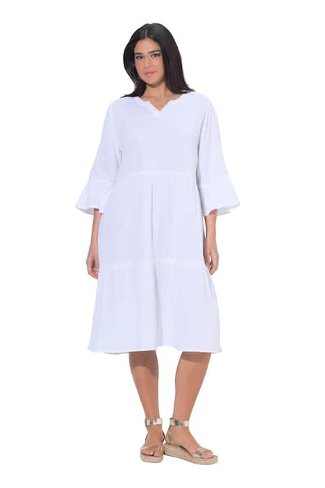 Mušelínové midi šaty, střih áčkový střih, tunikový výstřih, 3/4 rukáv