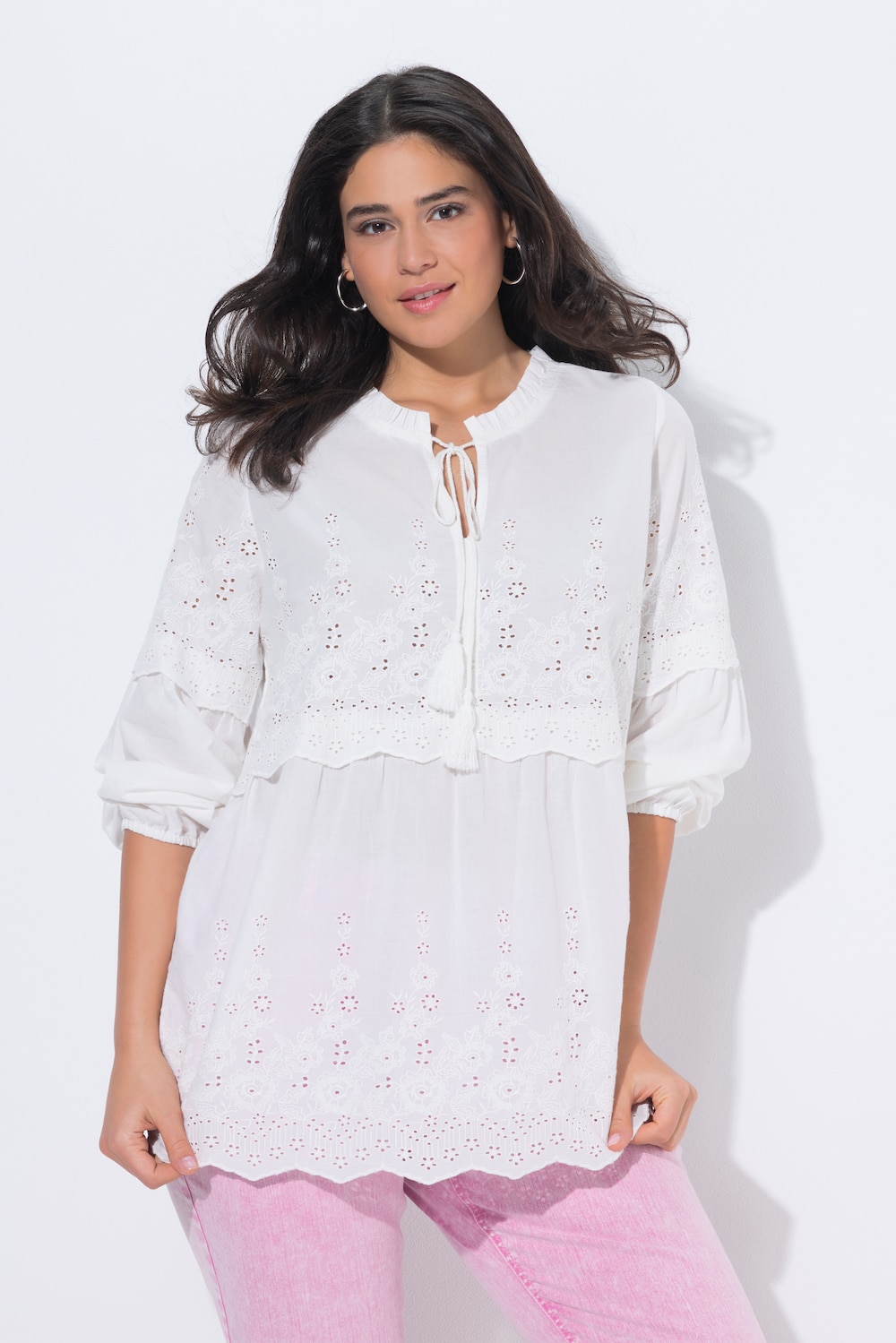 Boho-blouse, ruches/kant, opstaande kraag, lange mouwen