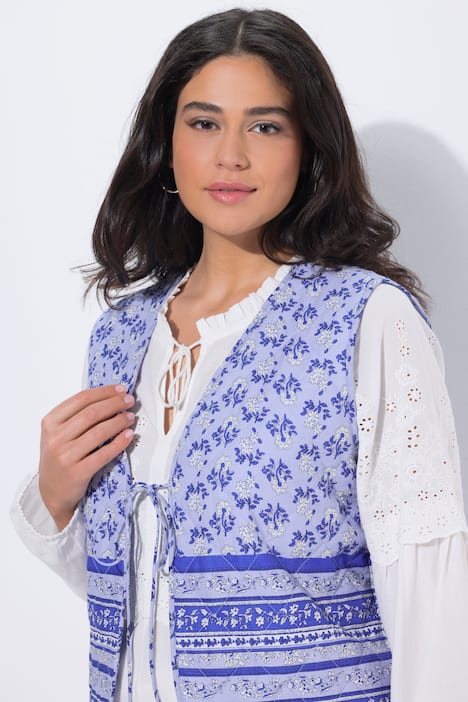 Kamizelka pikowana, kwiaty, pasek do wiązania, bez rękawów