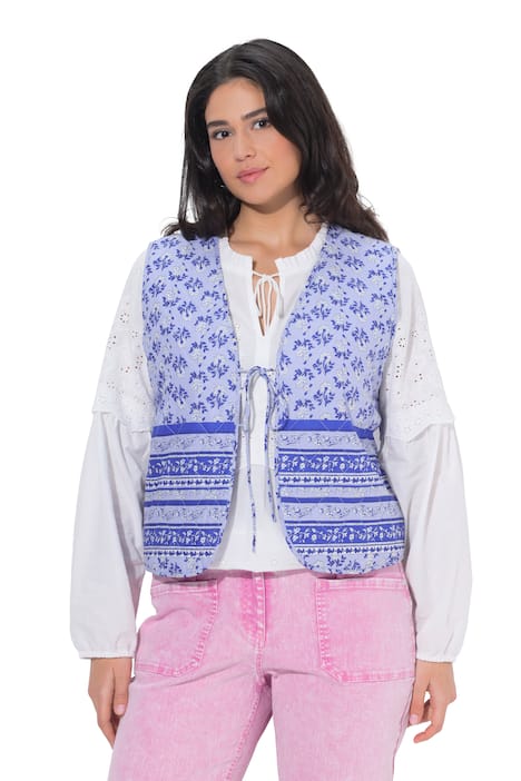 Prošívaná vesta, květinový vzor, zavazovací pásek, bez rukávů