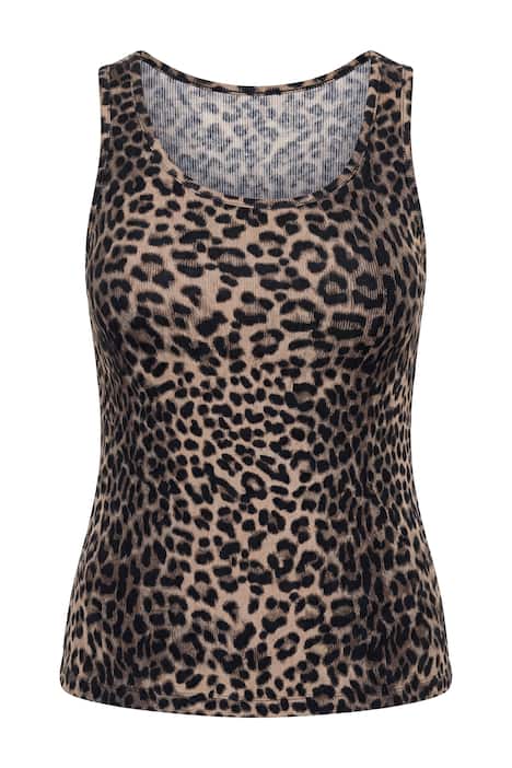 Žebrovaný top, přiléhavý střih, leopardí vzor, žebrovaný úplet