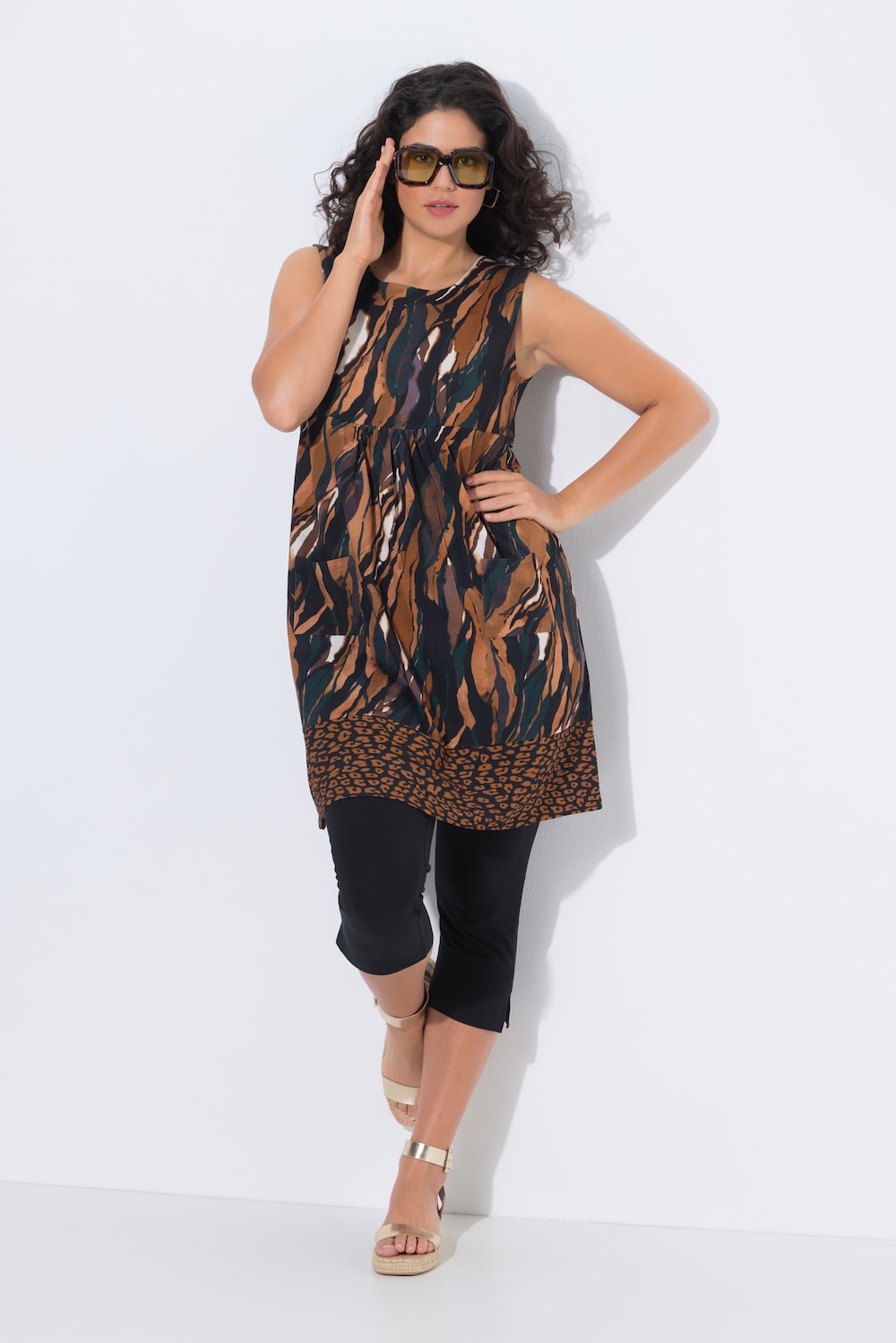 Jerseykleid, Bordüre, A-Linie, Rundhals, ärmellos