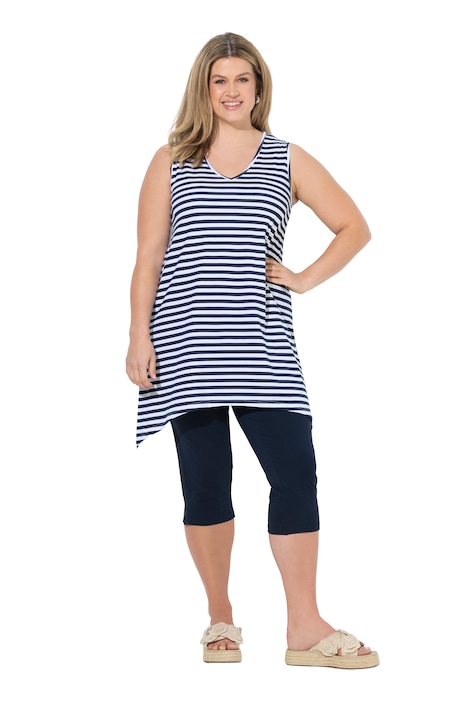 Dlouhý top, pruhovaný, áčkový střih, V-výstřih, bez rukávů
