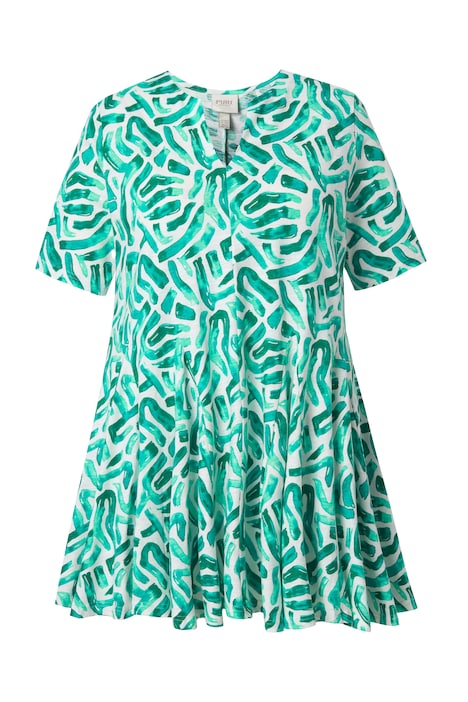 Dlouhá košile, godetové záhyby, tunikový výstřih, polo rukávy