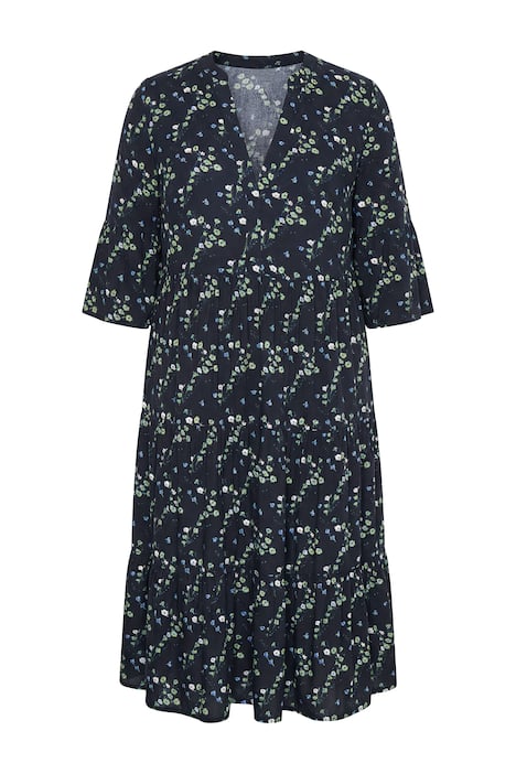 Midi šaty, celoplošný potisk, V výstřih, volánky