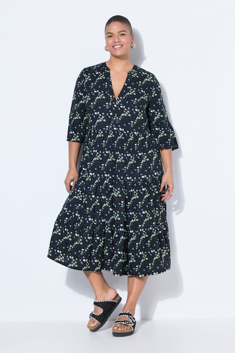 Maxi abito con stampa allover, scollo a V e volant