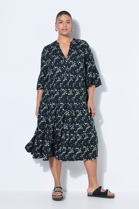 Maxi abito con stampa allover, scollo a V e volant