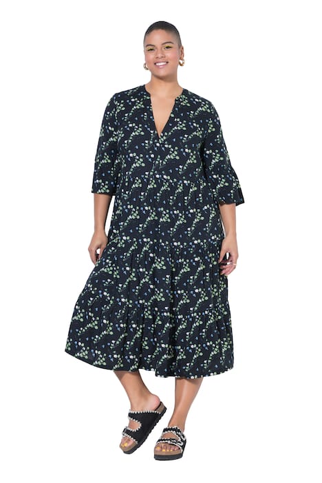 Midi šaty, celoplošný potisk, V výstřih, volánky