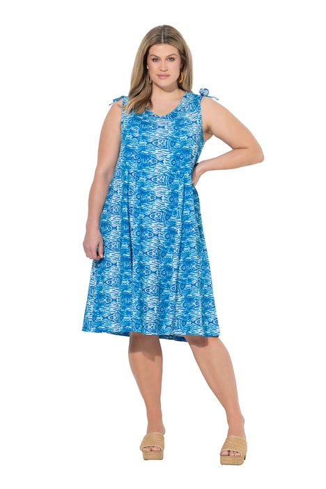 Midi šaty, rybí potisk, V výstřih, bez rukávů, bio-bavlna