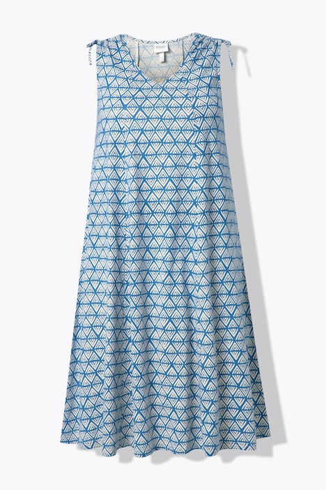 Robe midi, motif losange, coupe A, col V, sans manches