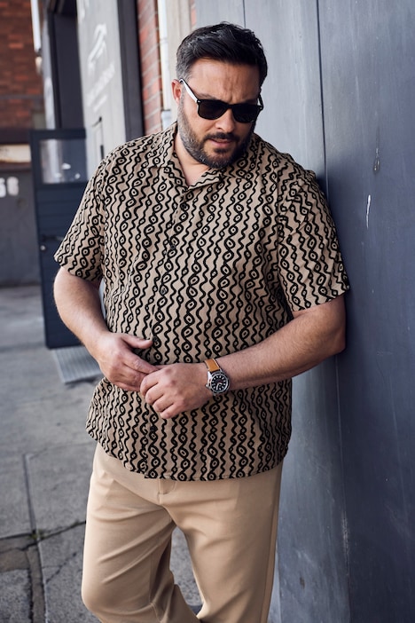Linnenlook overhemd, korte mouw, Cubaanse kraag, Cuba-fit, all-over print, tot 8XL