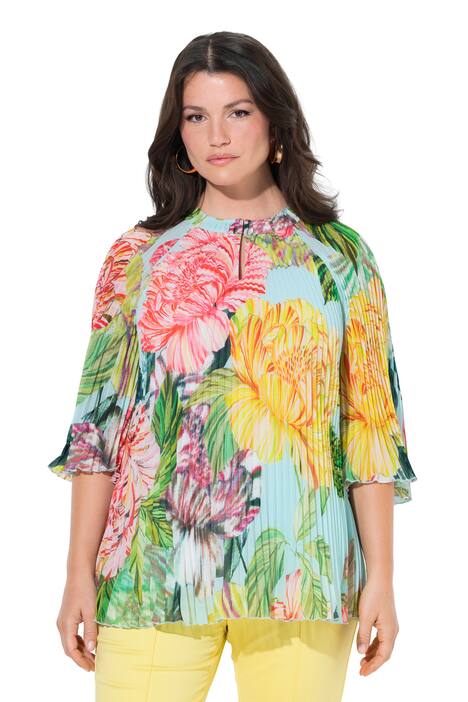 plisovaná halenka, květinový vzor, áčkový střih, kulatý výstřih, 3/4 rukávy