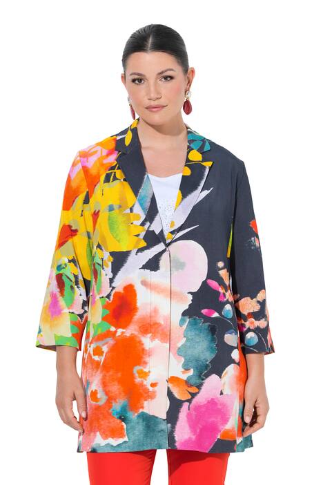 Sako, květinový vzor, áčkový střih, límec s klopami, dlouhé rukávy