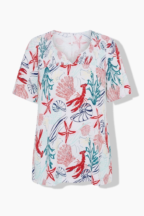 Smok-Bluse, maritimer Druck, Tunika-Ausschnitt, Halbarm