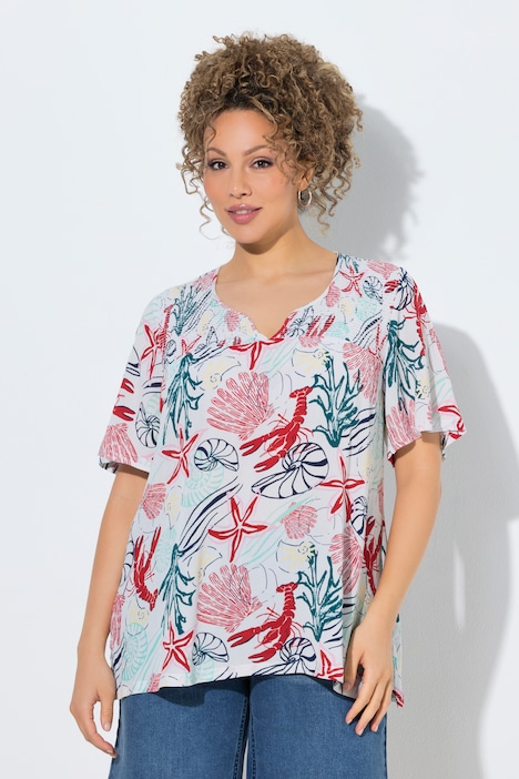 Smok-Bluse, maritimer Druck, Tunika-Ausschnitt, Halbarm