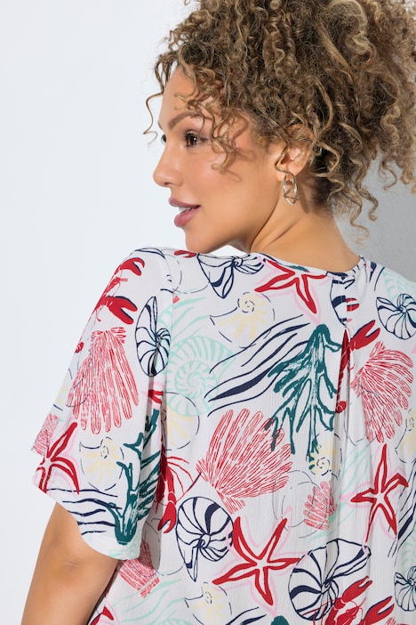 Smok-Bluse, maritimer Druck, Tunika-Ausschnitt, Halbarm