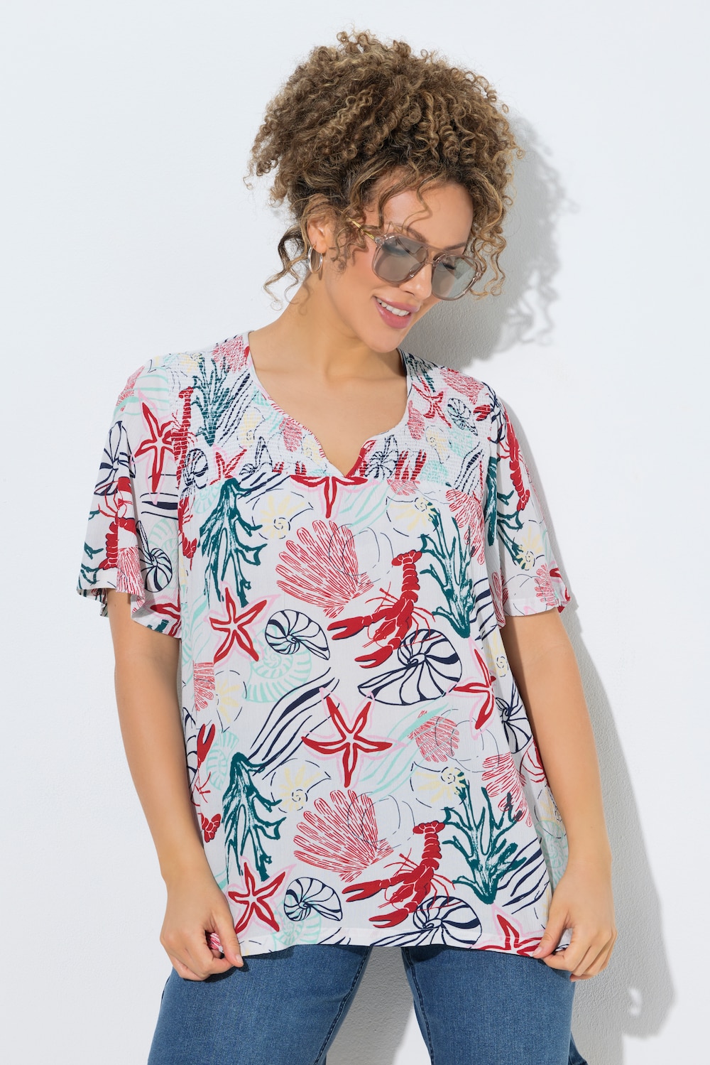 Smok-Bluse, maritimer Druck, Tunika-Ausschnitt, Halbarm